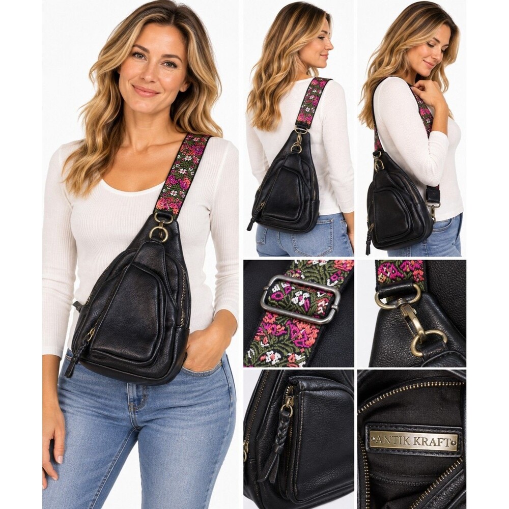 Antik Kraft Black Sling Bag Floral Strap Crossbody Backpack Boho Multi Pocket